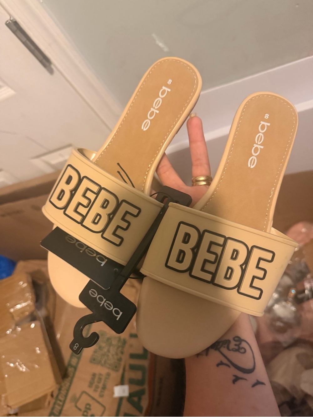 bebe Tan Slide Sandals with Bold BEBE Strap